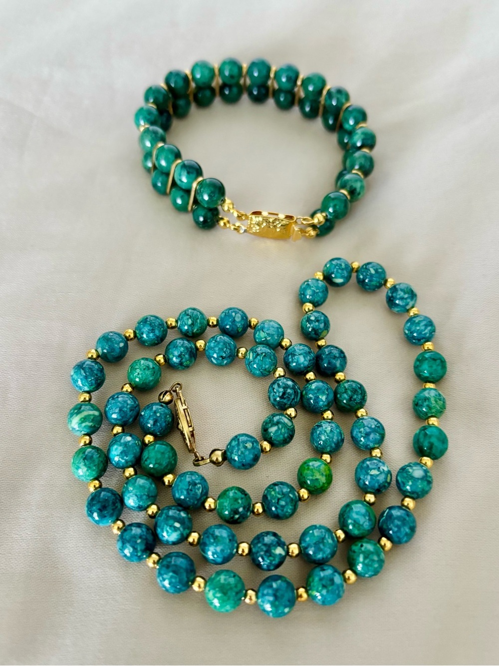 Vintage 90s Chrysocolla Azurite Statement Necklace & Bracelet Bundle Set